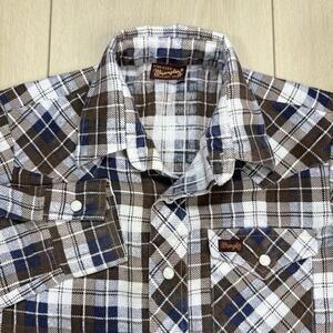 VTG Wrangler Kid SZ 12 Western Pearl Snap Plaid Shirt Brown Blue USA Long Sleeve